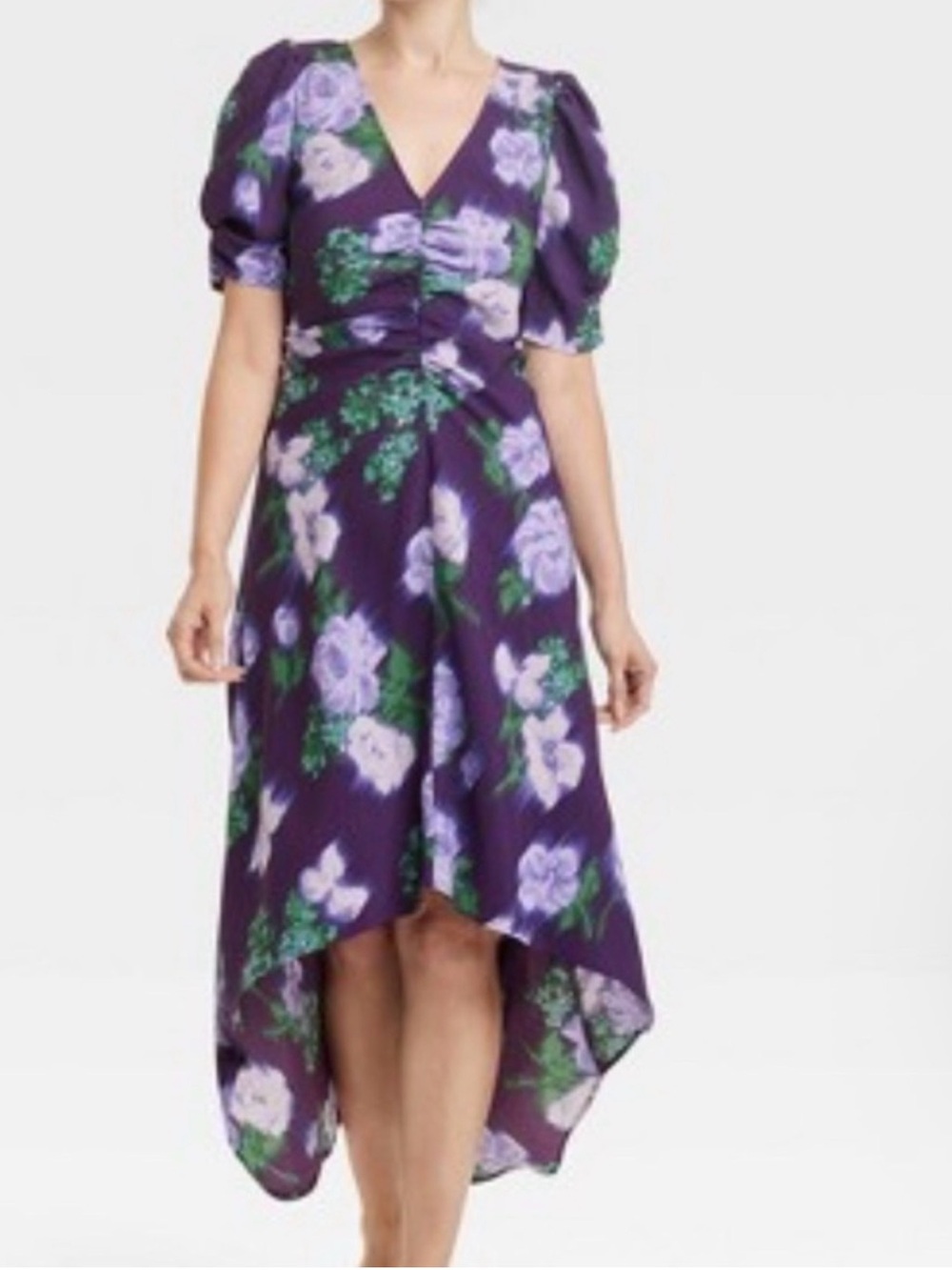 A New day Purple Floral V-Neck High-Low Dress with Puff Sleeves